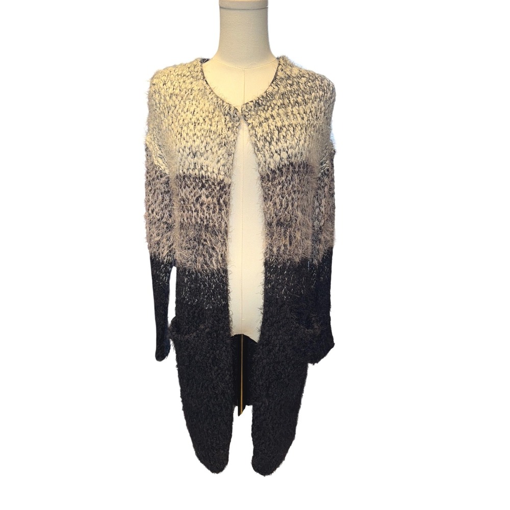 Seventh Avenue Womens Black Grey‎ White Eyelash Knit Longline Cardigan M NEW
